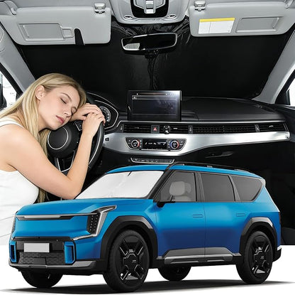 Windshield Sunshade for Kia EV9 2024 2025 2026 Sun Shade Windshield Upgrade 4 Layers Blocks UV Rays Custom Fit EV9 Car Window Shade Front Windshield Keep Cool Foldable Car Accessories