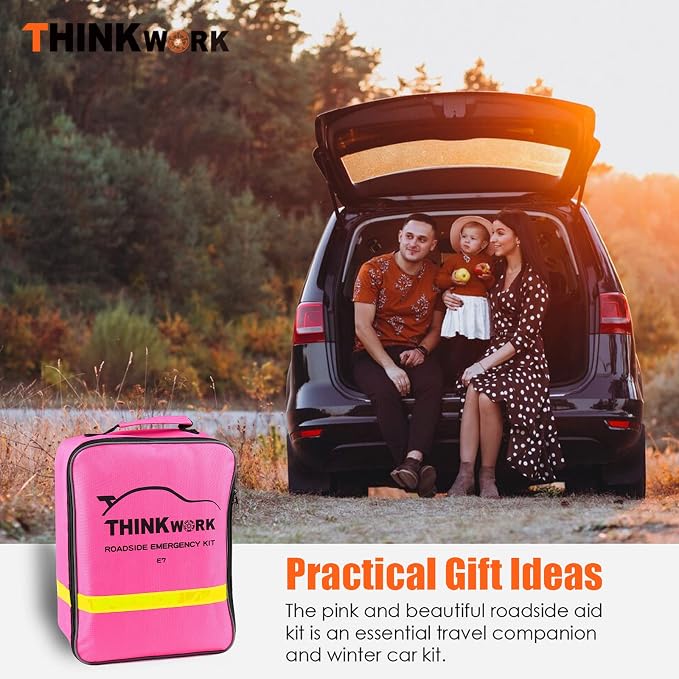 THINKWORK Car Emergency Kit for Teen Girl and Lady's Gifts, Pink Emergency Roadside Assistance kit with Digital Air Compressor, 10FT Jumper, First Aid Kit, and More Ideal Pink Car Accessories Tool -E7
