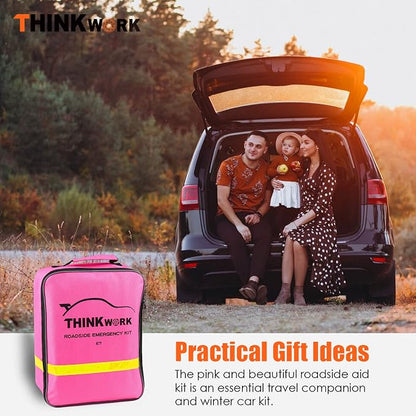 THINKWORK Car Emergency Kit for Teen Girl and Lady's Gifts, Pink Emergency Roadside Assistance kit with Digital Air Compressor, 10FT Jumper, First Aid Kit, and More Ideal Pink Car Accessories Tool -E7