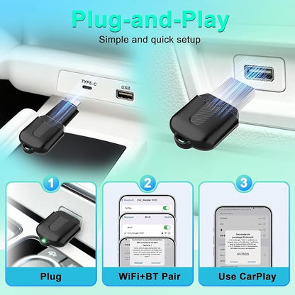 Wireless Carplay Adapter, Convert Wired to Wireless CarPlay, Compatible with CarPlay, Plug and Play, Type-C/USB, Suitable for 800+ Vehicles (Matte Black)