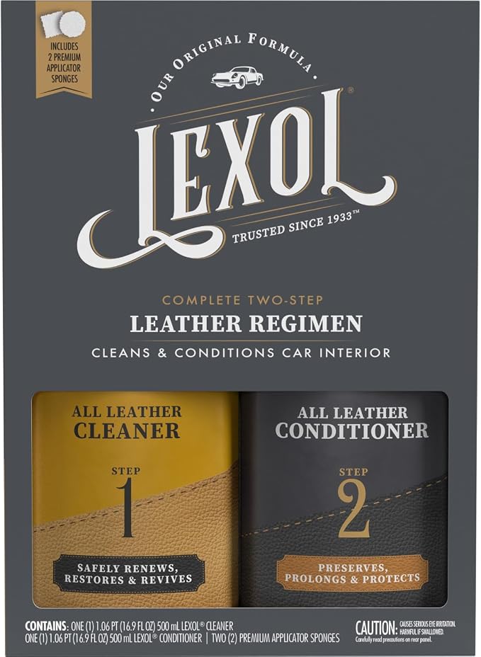 Lexol Leather Conditioner & Cleaner Kit - Premium 2-Step Leather Care for Car Interiors, Furniture, Shoes & Handbags, Includes 2 Sponges, Gift for leather lovers (16 oz Each)