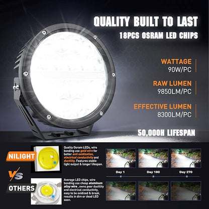Nilight 7 Inch Round LED Offroad Driving Lights with DRL 2 PCS 90W 9850LM IP68 Spot Flood Combo Work Light w/ 12AWG DT Connector Wiring Harness Kit for 4x4 Truck ATV UTV SUV