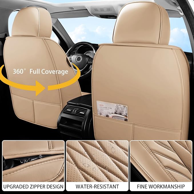 WELLDO Nappa Faux Leather Car Seat Covers Full Set, 5Seats,Beige | Waterproof, Non-Slip Seat Protector, 0.28in Thickened Cushion, Airbag Compatible, Universal for Cars SUV Truck Pickup