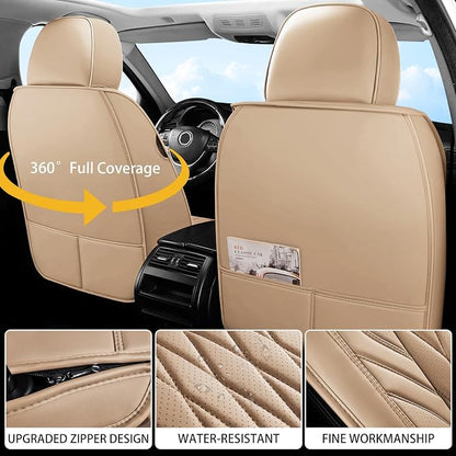 WELLDO Nappa Faux Leather Car Seat Covers Full Set, 5Seats,Beige | Waterproof, Non-Slip Seat Protector, 0.28in Thickened Cushion, Airbag Compatible, Universal for Cars SUV Truck Pickup