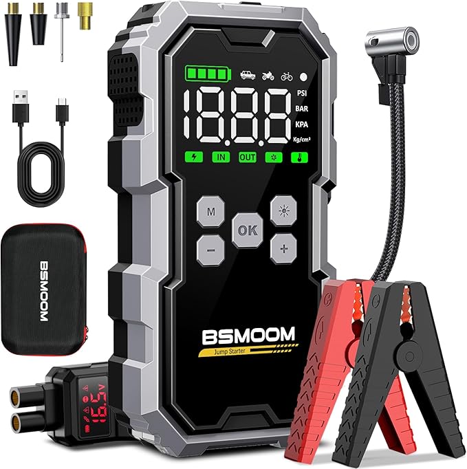 Jump Starter with Air Compressor, 7000A 26800mAh 150PSI Portable Car Battery Jump Starter (All Gas/10.0L Diesel), Jump Box Portable Jumper Cables with 3.4" LCD Display, 2 Lights