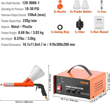 VEVOR Powder Coating System, 50KV Electrostatic Output Powder Coating Kit with Foot Switch, Spray Gun, Nozzles and Powder Cups, Powder Coating Equipment for Home DIY and Commercial Production