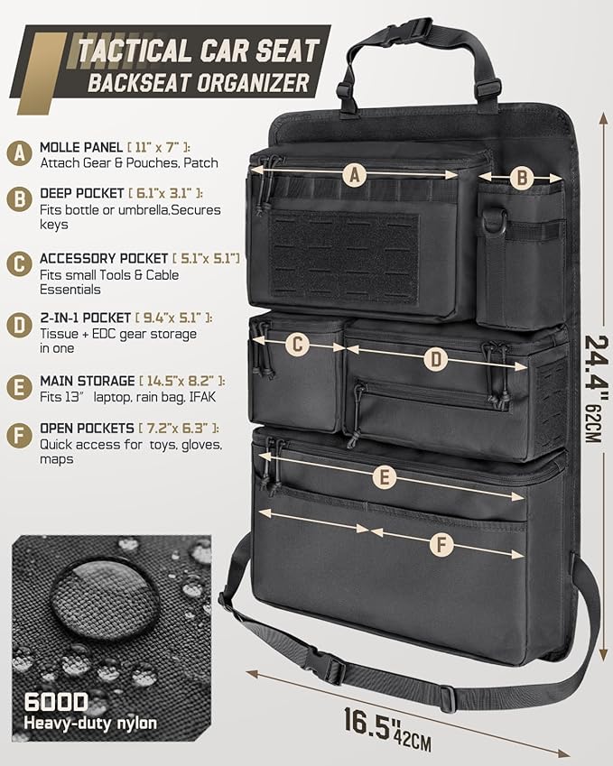 All in One Car Seat Back Organizer, Heavy Duty Molle Panel Seat Back Protector with Multi-Pockets Storage for Tools, Camping, Travel, Fit Most Cars SUV Trucks Jeeps Pickups