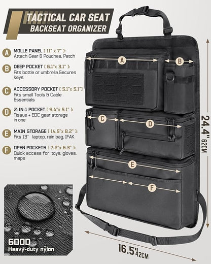 All in One Car Seat Back Organizer, Heavy Duty Molle Panel Seat Back Protector with Multi-Pockets Storage for Tools, Camping, Travel, Fit Most Cars SUV Trucks Jeeps Pickups