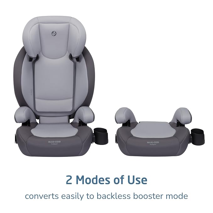 Maxi-Cosi RodiSport Kids Booster Car Seat, High-Back, Backless Booster Seat, 7-Position Headrest, Easy Latch System, Reclining Chair, Belt Guide, Fits 40-100 lbs, 43.4-57 in, Sea Salt