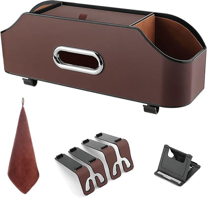 Backseat Car Organizer with 2 Drink Cup Holder - Tissue Holder - Car Seat Hooks for Headrest - Multi-functional Storage for Travel - Perfect for Kids, Adults(Brown)