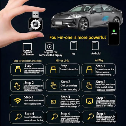 4 in 1 Wireless CarPlay Adapter 2026 Upgraded,4 in 1 Screen Mirroring Support AirPlay/Mirror Link for iPhone & Android, Mini Design, Bluetooth 5.0, USB & USB-C, Plug & Play, Wired to Wireless Convert