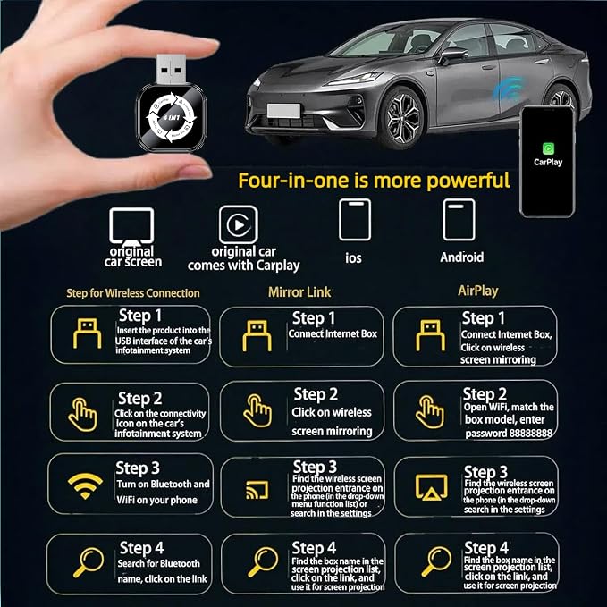 2026 Upgraded 4-in-1 Wireless CarPlay Adapter, Convert Wired to Wireless CarPlay & Android Auto, Support AirPlay & Screen Mirroring, Zero Latency Plug & Play, USB/Type-C for iPhone iOS & Android