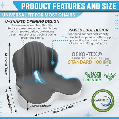 Large Memory Foam Seat Cushion Lumbar Support Pillow for Sciatica & Tailbone Pressure Relief Coccyx Pad for Office Chair, Car,Wheelchair,Home,Office