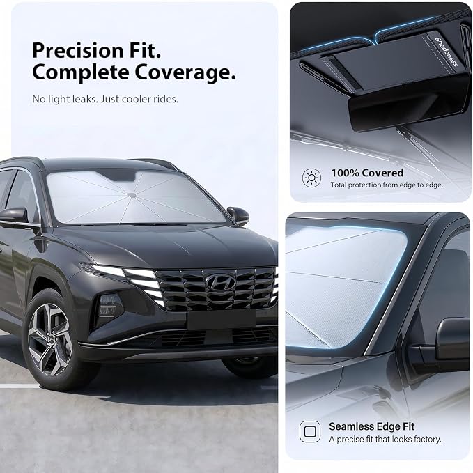 2026 Upgraded Windshield Sun Shade Umbrella for Hyundai Tucson [Precision Custom Fit, Superior UV & Heat Block] Cooling Tech Fabric, Durable Foldable with Storage Bag, Fits 2005-2026