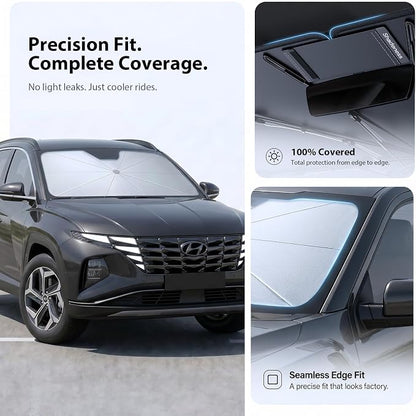 2026 Upgraded Windshield Sun Shade Umbrella for Hyundai Tucson [Precision Custom Fit, Superior UV & Heat Block] Cooling Tech Fabric, Durable Foldable with Storage Bag, Fits 2005-2026