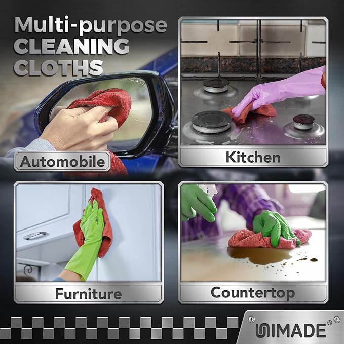 UNIMADE Shop Towel Rag, 200 Pack Reusable Rags Bulk Microfiber Cleaning Cloth Lint Free Towels for Car Kitchen Automotive Bar Mechanic Restaurant Garage, 11.5"x 11.5", Red