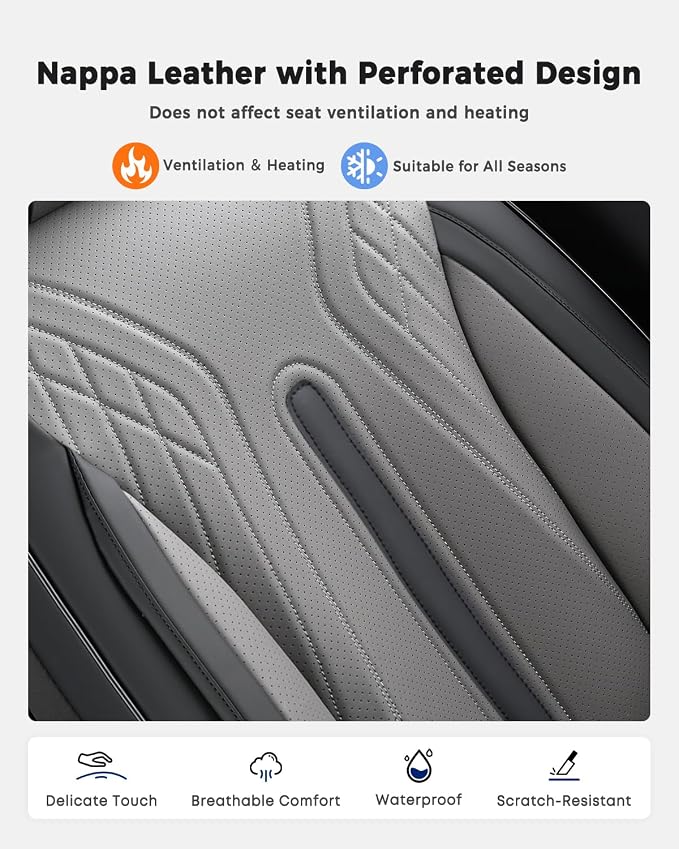 Huidasource Car Seat Covers Full Set, Universal Fit for Most Cars SUV Trucks, Full Coverage Nappa Leather Seat Cover, Airbag, Cupholder Compatible, Velcro Adjustable, Seat Function Retain, Black&Gray