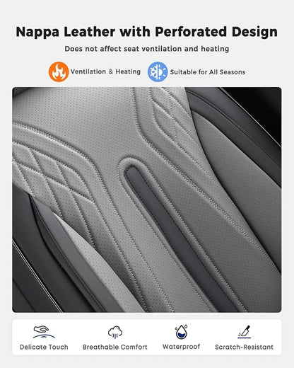 Huidasource Car Seat Covers Full Set, Universal Fit for Most Cars SUV Trucks, Full Coverage Nappa Leather Seat Cover, Airbag, Cupholder Compatible, Velcro Adjustable, Seat Function Retain, Black&Gray