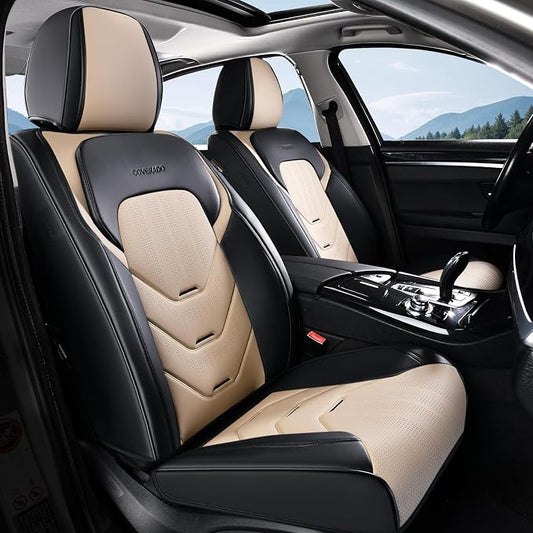 Coverado Front Seat Cover, Black&Beige Seat Cover for Cars, Waterproof Leather Car Seat Cover, Front Car Seat Protector Driver Seat Cover, Car Seat Cushion Universal Fit for Most Sedans SUV Trucks