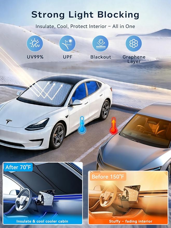 [2026 Upgraded] FOURDOPLI Graphene Dual-Layer Car Windshield Sun Shade for 2016-2026 Tesla Model S, Foldable car Window Shades with Includes Storage Bag, Block UV Rays Keep Car Cool