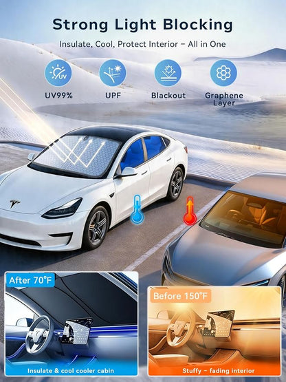 [2026 Upgraded] FOURDOPLI Graphene Dual-Layer Car Windshield Sun Shade for 2016-2026 Tesla Model Y & Model 3, Foldable car Window Shades with Includes Storage Bag, Block UV Rays Keep Car Cool