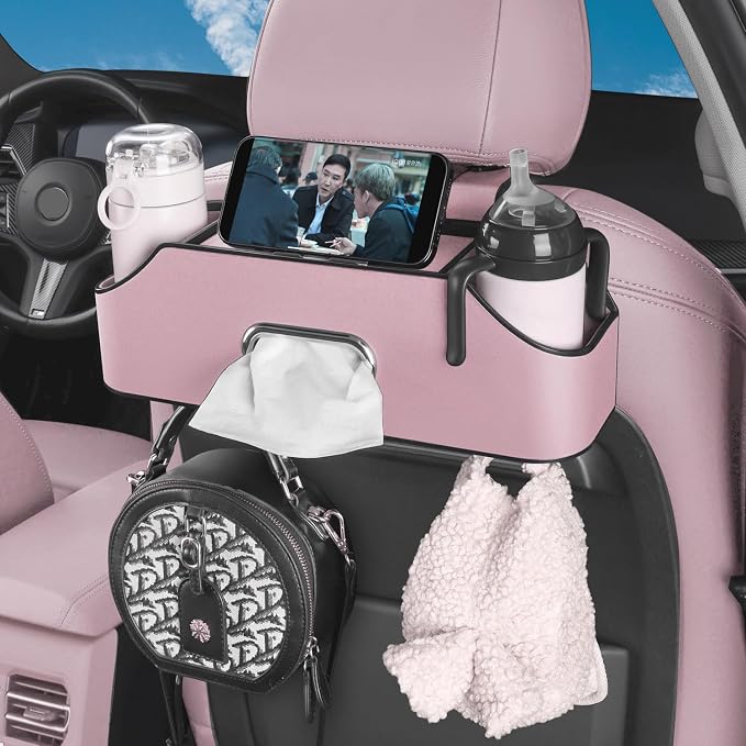 HOLDCY Car Back Seat Organizer with 2 Drink Cup Holder - Tissue Box and Storage Box Hook - Multi-functional Storage - Great for Kids and Travel (Pink)