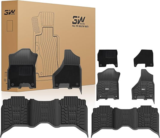 3W Floor Mats with Carpets for 2019-2025 2026 Ram 2500/3500 Crew Cab with Bucket Seat (Not for PTO KIT Models), All Weather TPE Floor Liners 1st & 2nd Row (for Carpet Floor), Black