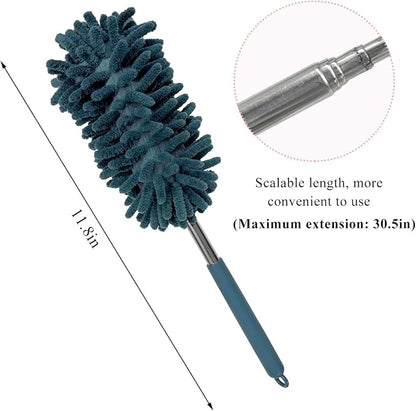 2PCS Car Interior Duster with Extension Pole, 11.8" to 30.5" Retractable Dusters Auto Dash Cleaning Tool, Soft Chenille Hand Washable Dusters for Car Window Furniture Office (Navy Blue)