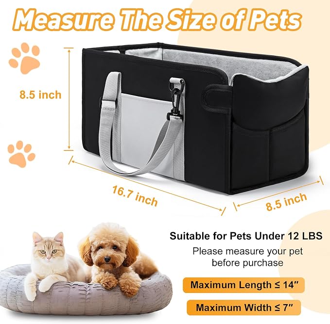 Portable Dog Car Seat for Small Dogs, Booster Seat with Safety Leash & Washable Cushion, Pet Car Seat with Adjustable Straps for Travel - Black&White