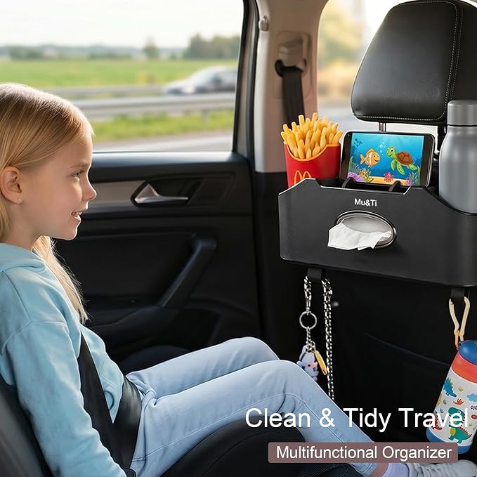 Mu&Ti Back Seat Car Organizer,4+2 in 1 Multifunctional Car Back Seat Storage Box with 2 Cup Holders, Tissue Box and Hook - Ideal for Kids and Travel(Black)