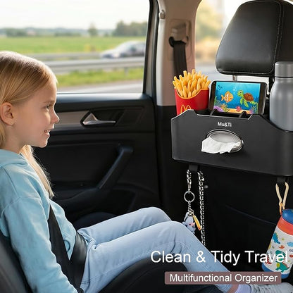 Mu&Ti Back Seat Car Organizer,4+2 in 1 Multifunctional Car Back Seat Storage Box with 2 Cup Holders, Tissue Box and Hook - Ideal for Kids and Travel(Beige)