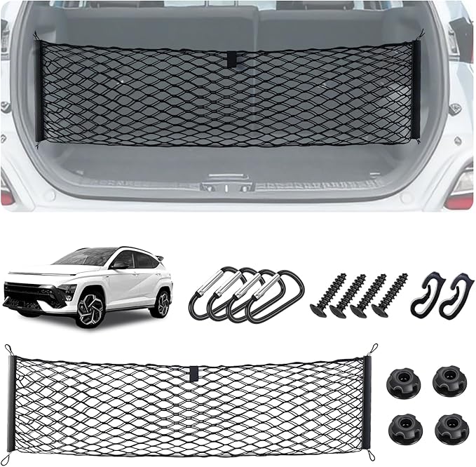 Envelope Style Cargo Net for Hyundai Kona 2024 2025 2026 Accessories, Rear Trunk SUV Mesh Cargo Net, Upgraded 5mm Bungee & Double-Layer Nylon Storage Tailgate Netting Grocery&Tools Holder Organizer