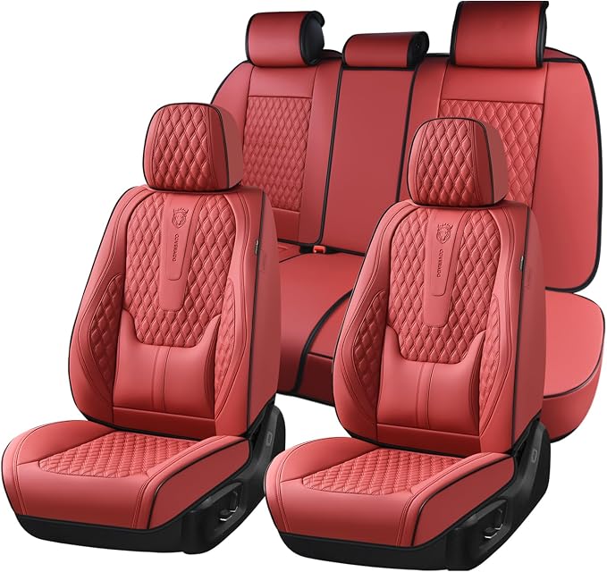 Coverado Full Set Car Seat Covers, Nappa Leather Seat Covers, Waterproof Car Seat Protector with Lumbar Support, Automotive Seat Covers Universal Fit for Most Cars SUV Trucks (FullSet, Red-Blackline)