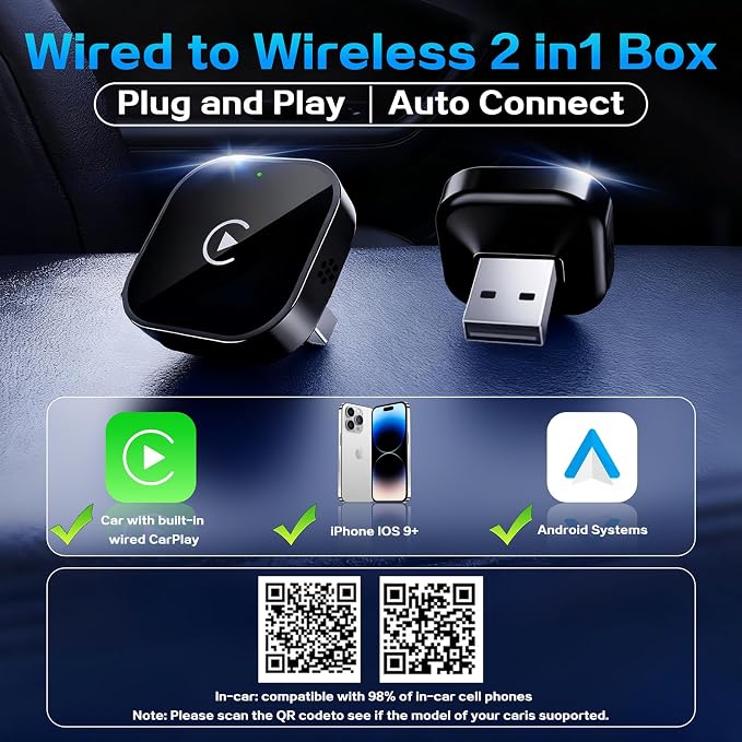 Mini Wireless CarPlay Adapter for iPhone, 2-in-1 for Apple CarPlay & Android Auto Adapter, Convert Wired to Wireless, Plug & Play, Auto Connect, USB to Type-C, No Delay, for iOS 10+ & Android 11+