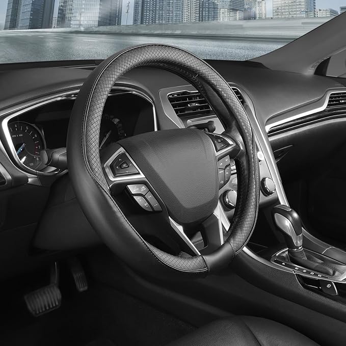SEG Direct Steering Wheel Cover 14.5-15 inch (37-39 cm) Medium Size, Microfiber Leather, Non-Slip Comfortable Grip, Fits Cars Trucks SUVs, Black