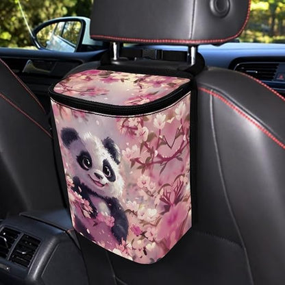 BIGCARJOB Cute Panda Car Trash Bags for Back Seat Auto Hanging Trash Can with Lid Storage Organizer Universal Interior Accessories Pink