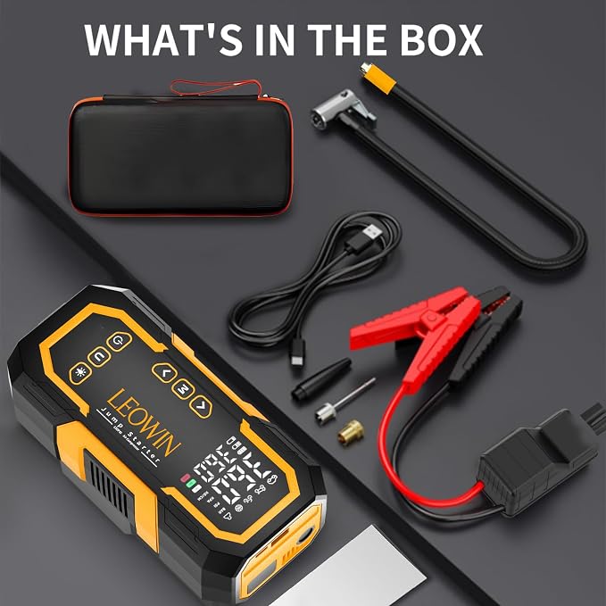 Jump Starter with Air Compressor, Battery Jumper Starter Portable(9.0 Gas/6.5L Diesel) with Tire Inflator, 12V Car Battery Jump Starter with Smart Jumper Cables, LED Light, LCD Display