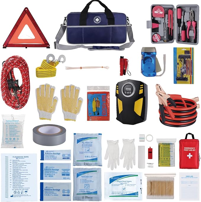 All-in-One Car Emergency Kit with Digital Tire Inflator, Jumper Cable, Tow Strap, Reflective Triangle, First Aid Kit, Hand Crank Flashlight, and Repair Tools for Roadside Safety (Blue)