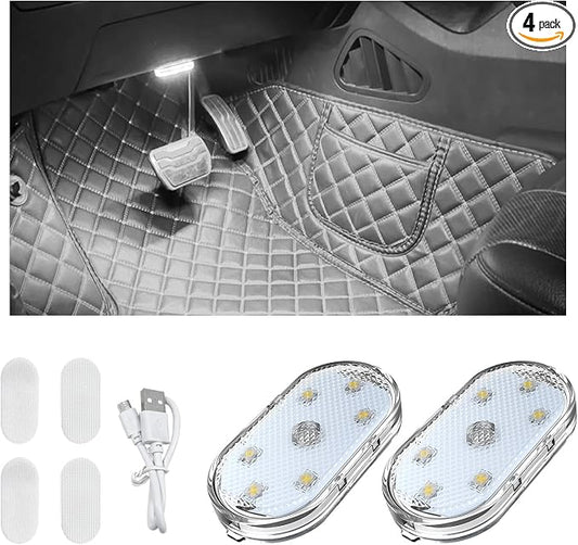 KVAEY 4 PCS Car LED Lights Interior Wireless, 7 Colors Magnetic Auto Ambient Light with 6 Bright LED Lamp Beads, Portable USB Rechargeable Vehicle Interior Led Night Light (White, Sticky, 2pcs)