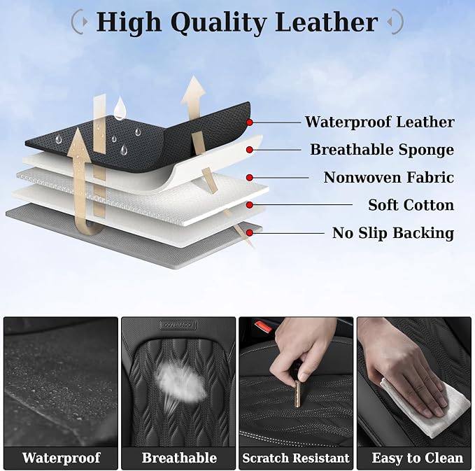 Coverado Car Seat Cover, Black Luxury Seat Cover for Cars, Premium Nappa Leather Seat Covers Full Set with Embossed Pattern, Waterproof Car Seat Protector Car Seat Cushions Universal Fit Most Vehicle