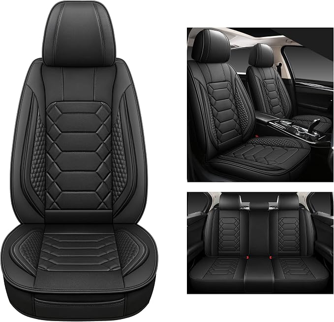 HAIYAOTIMES Leather Car Seat Covers Full Set, Waterproof Faux Leather Seat Covers for Cars, Non-Slip Car Interior Covers Universal Fit for Most Cars Sedans Trucks SUVs, Black