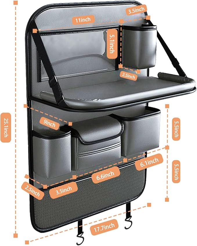2 Pack Leather Car Backseat Organizer with Foldable Table Tray, Universal Car Seat Back Protector Kick Mat with Touchscreen Tablet Holder, Storage Pockets, Cup Holders & Tissue Holder, Black