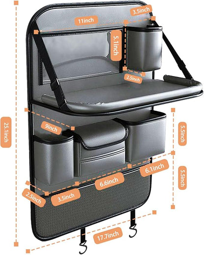 2 Pack Leather Car Backseat Organizer with Foldable Table Tray, Universal Car Seat Back Protector Kick Mat with Touchscreen Tablet Holder, Storage Pockets, Cup Holders & Tissue Holder, Black