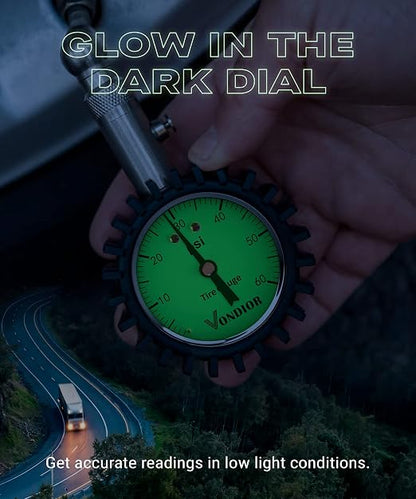 Tire Pressure Gauge - (0-60 PSI) Heavy Duty, Certified ANSI Accurate with Large 2 Inch Easy to Read Glow Dial, Low - High Air Pressure Gauge. Tire Gauge for Car and Trucks Tires by Vondior