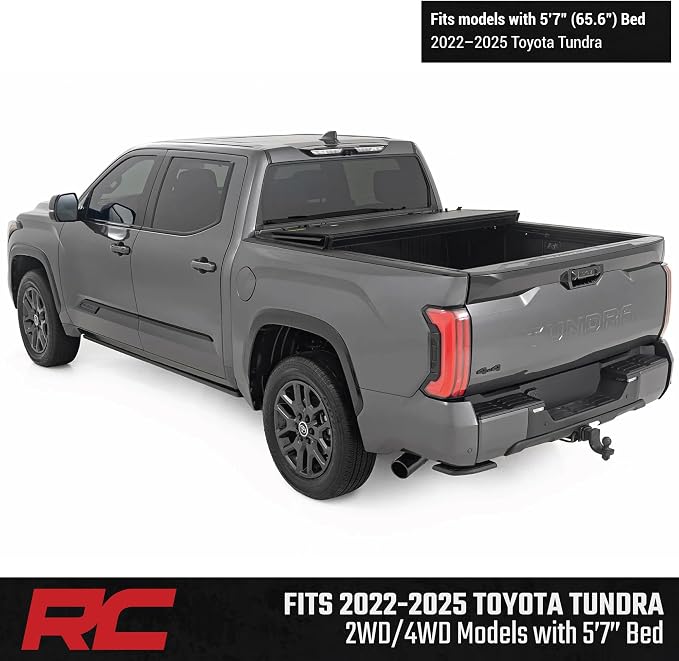 Rough Country Hard Tri-Fold Truck Bed Tonneau Cover for Toyota Tundra (2022-2026) - Aluminum Flip-Up Bed Cover, Fits 5'7 (65.6") Bed