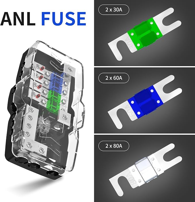 RVBOATPAT Fused Power Distribution Block Car Audio Fused Distribution Block 12V 0/4 Gauge 4 Way MIDI (Mini-ANL) Fuse Block for Auto Boat UTV Stereo Amp