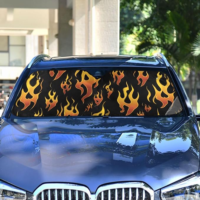Windshield Sun Shade Yellow Orange Fire Flames Front Window Block UV Shades Visor Reflective Retractable for Car SUV Trucks