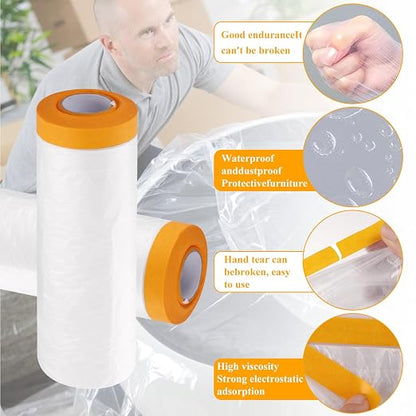 4 Pcs 9.8Ft x 65.6 Ft Plastic Painting Drop Film, Tape and Drape Dust Plastic Drop Cloth, Pre-Taped Masking Film for Automotive Painting Covering