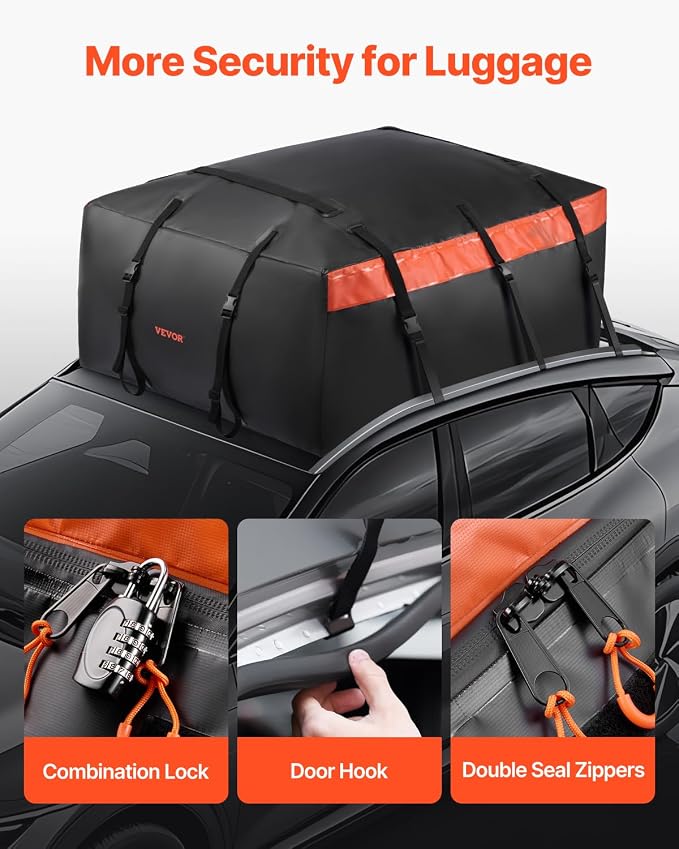 VEVOR Car Rooftop Cargo Carrier Bag, 23 Cubic Feet Roof Cargo Carrier, Heavy Duty 840D PVC 100% Waterproof Car Roof Luggage Bag for All Vehicle with/without Rack- with Lock, Anti-Slip Mat, 6 Door Hook