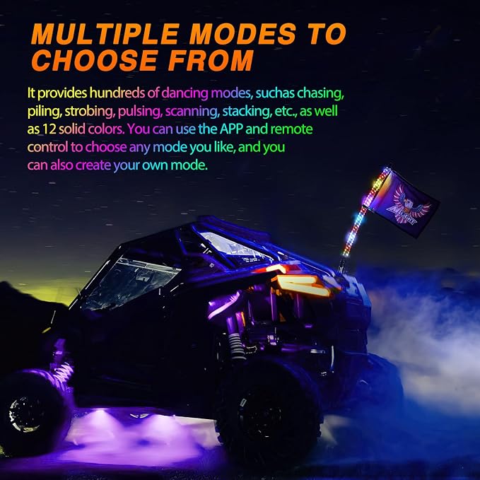Nilight RGB Whip Light 1PC 3FT Lighted Antenna Whips with Remote & App Control DIY Chasing Patterns Brake Reverse Lights for ATV UTV Polaris RZR Can-am Dune Buggy Pickup Trucks Jeep